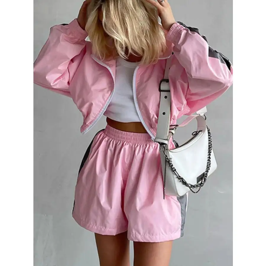 Zip Up Long Sleeve Jacket and Shorts Set