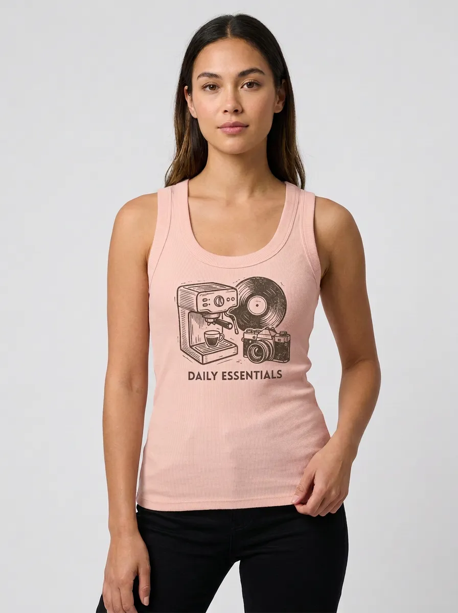 Women's Coffee Vinyl Camera Daily Essentials Graphic Tank Top