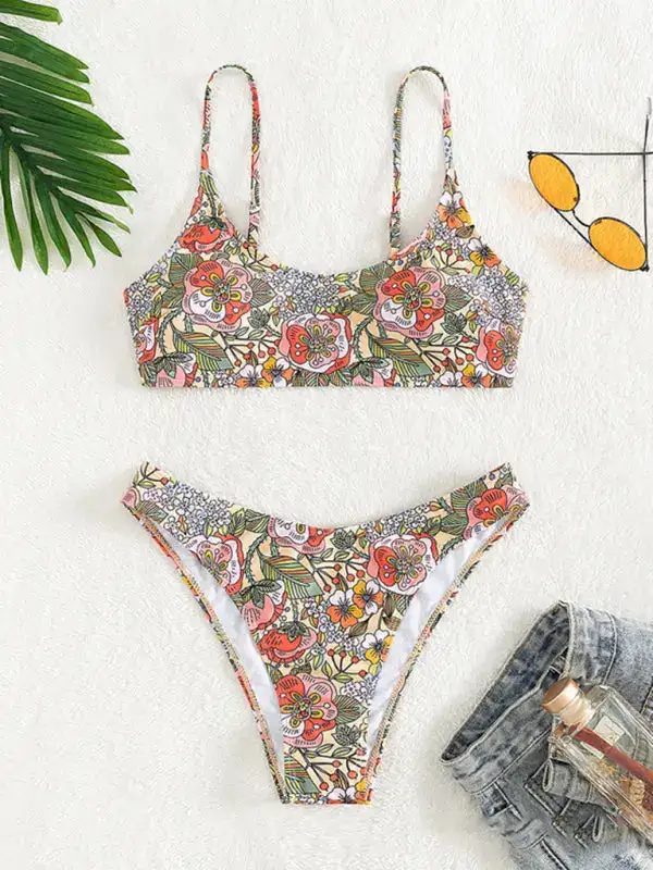 Retro Print Tube Top High Waist Swim Set
