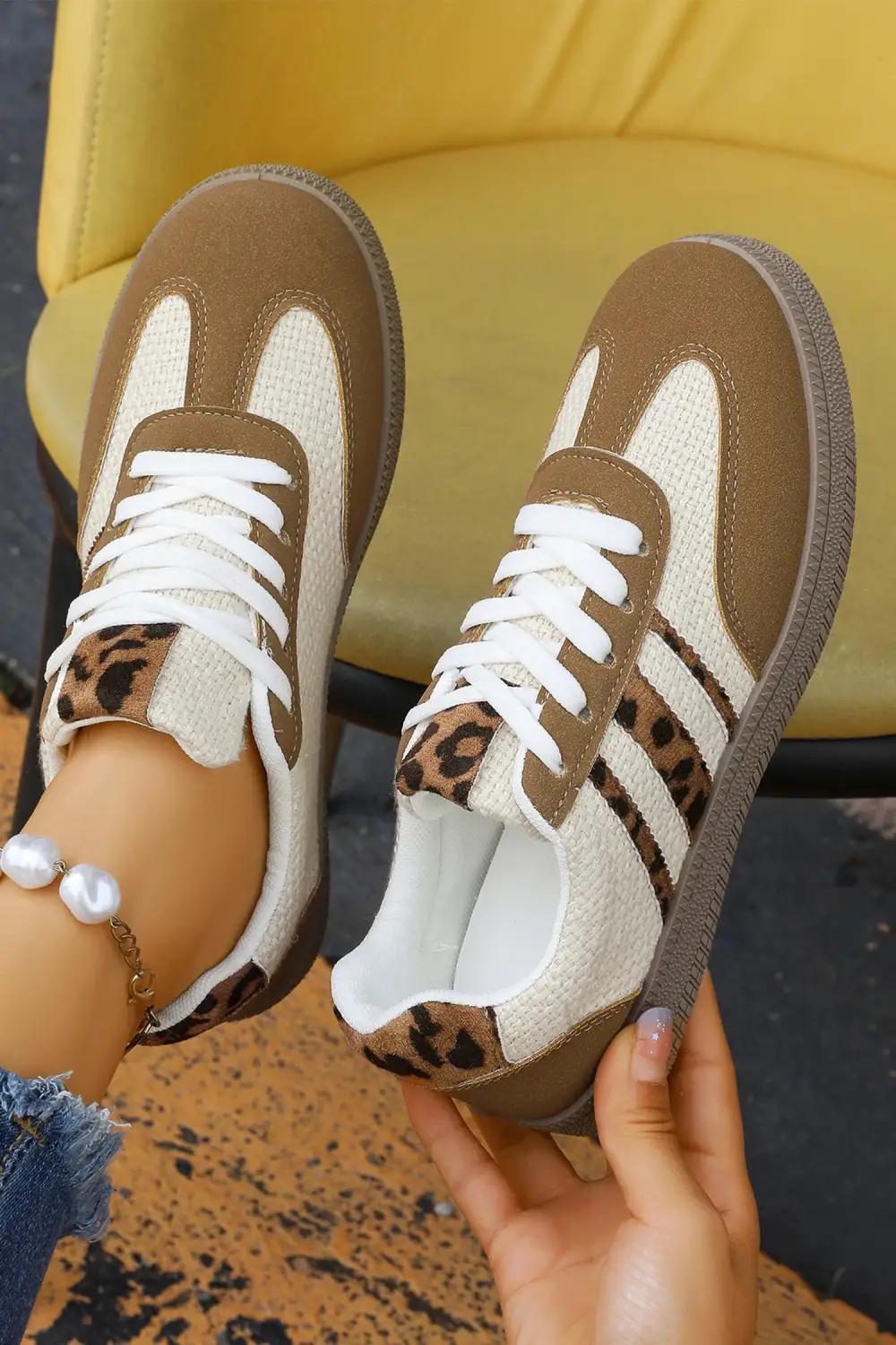 Leopard Patchwork Colorblock Lace-Up Casual Sneakers