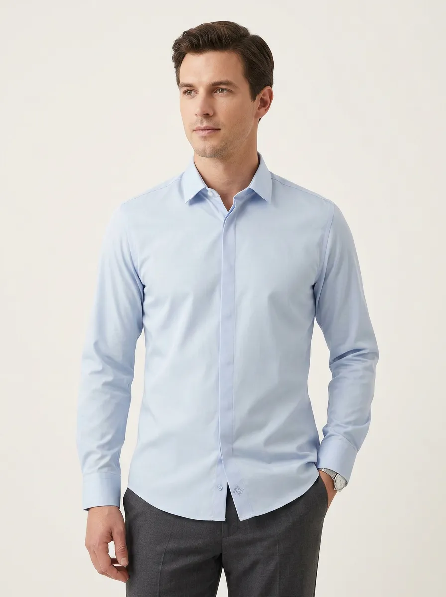 Men's Non-Iron Cotton Light Blue Solid Long Sleeve Shirt
