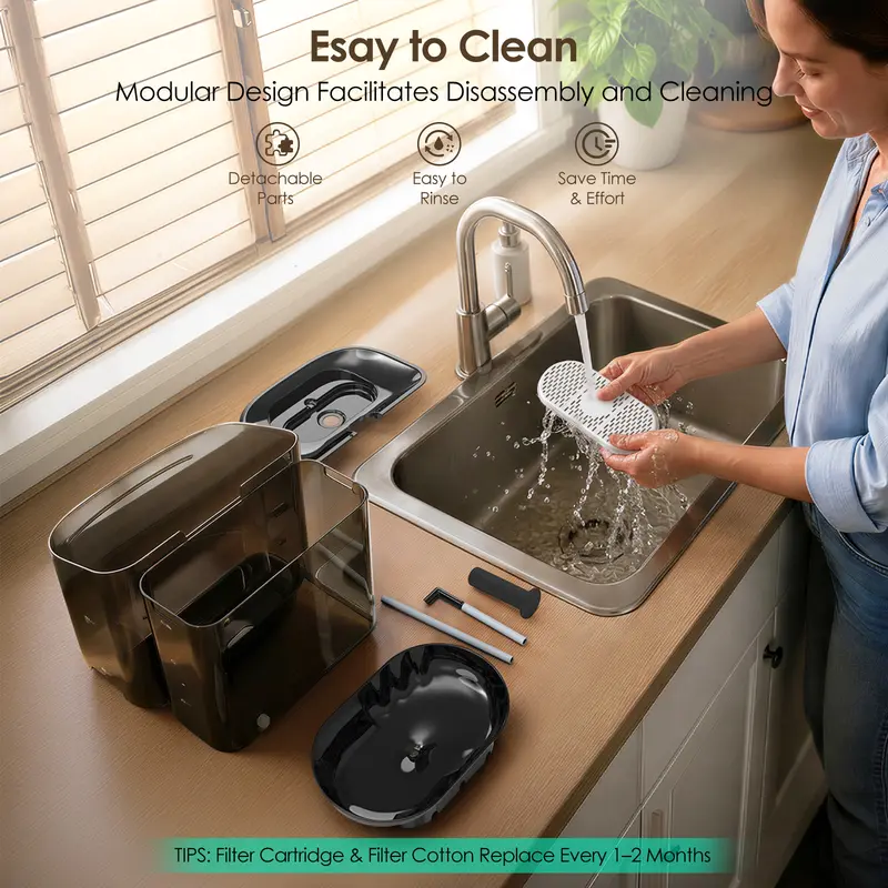 Pet fountain components shown for cleaning