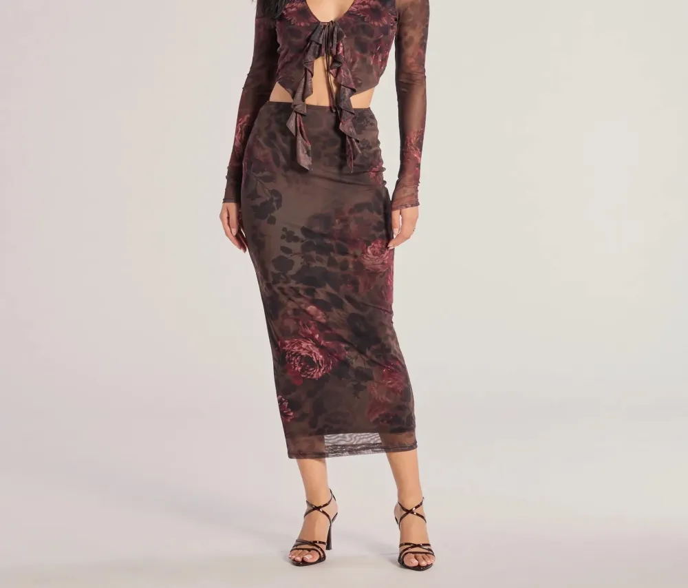 Brown Abstract Print Tie-Front Cropped Top