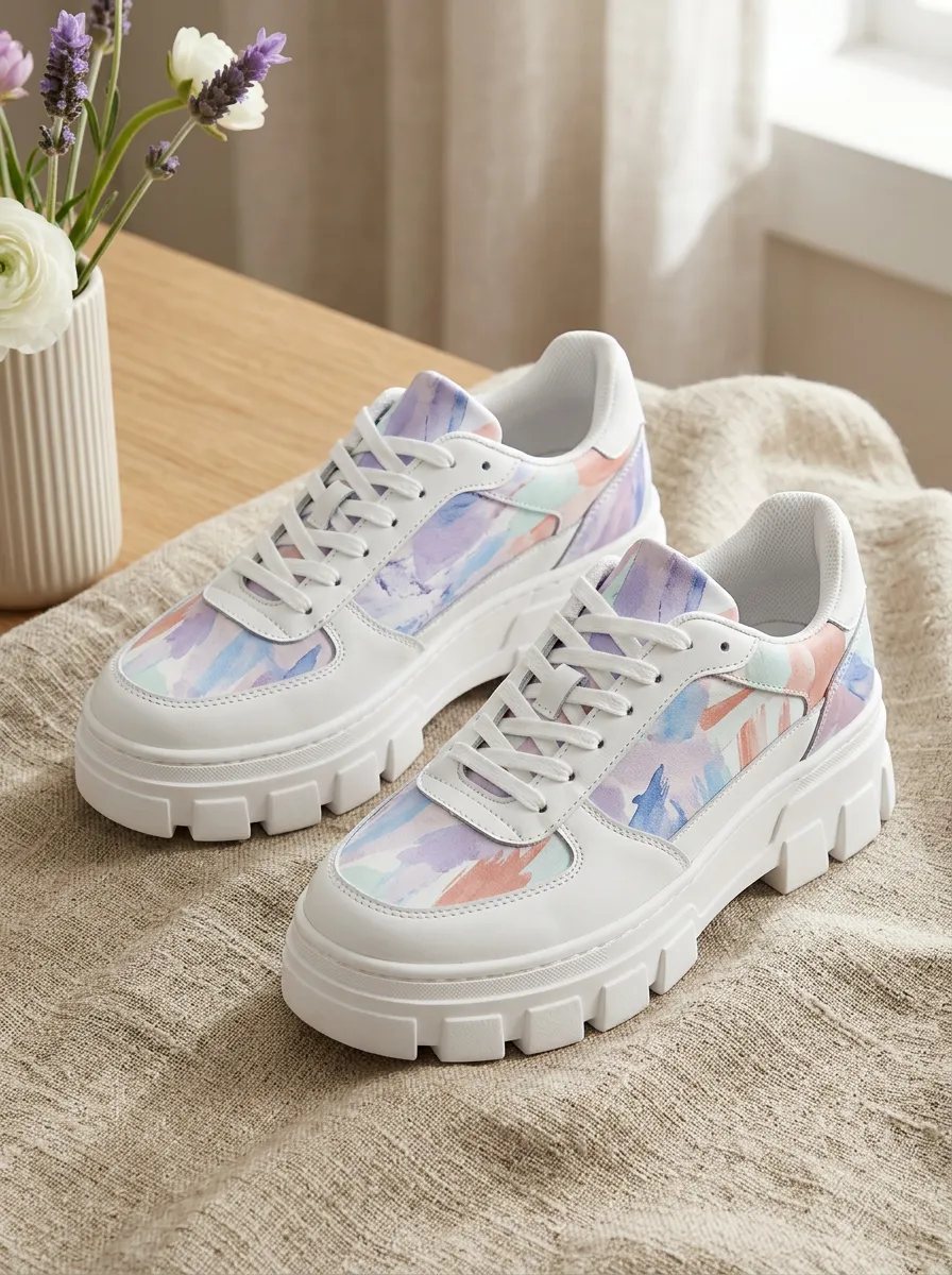 Women's Pastel Watercolor Abstract Printed Platform Shoes