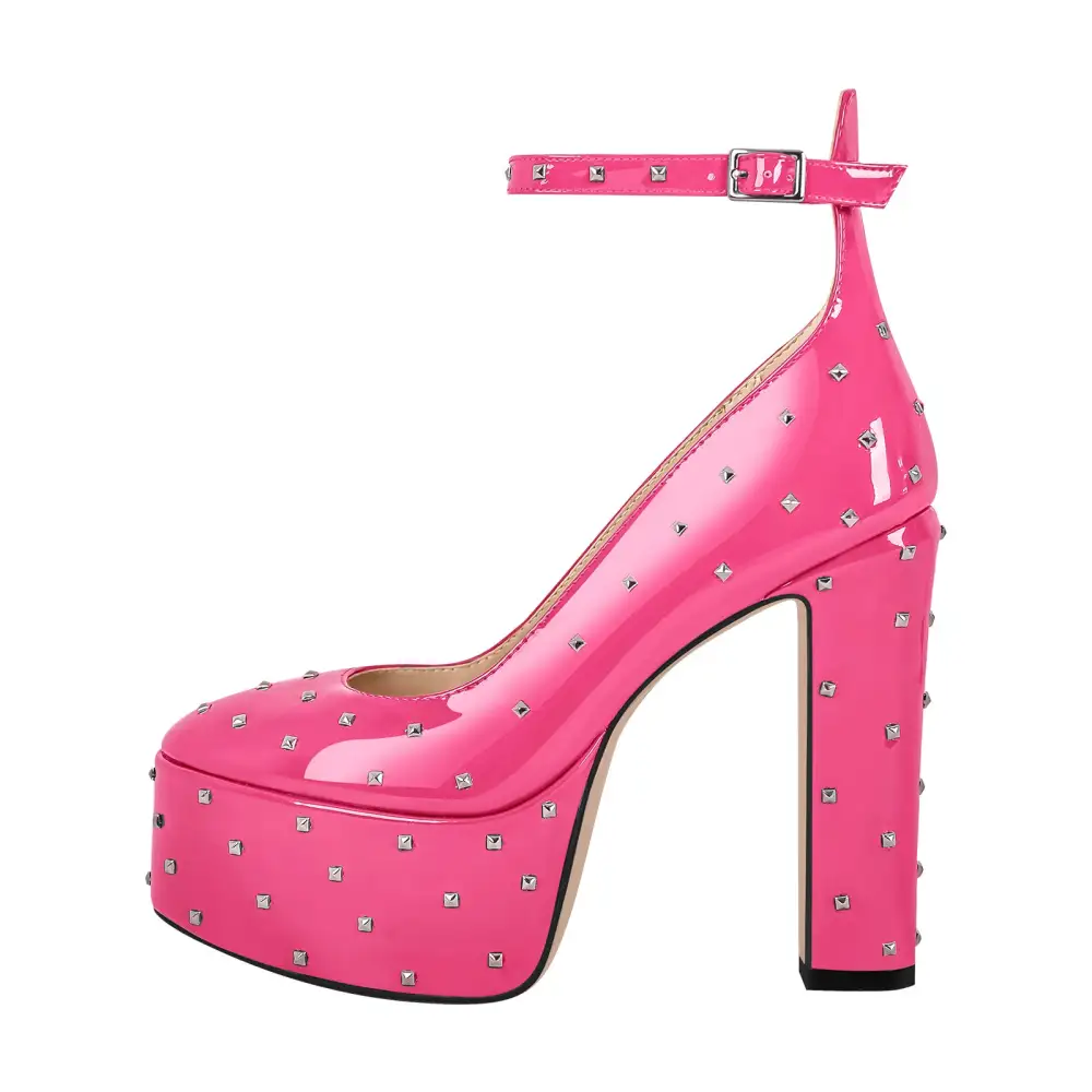 Rivet Round Toe Platform Chunky Heel Ankle Strap Pumps