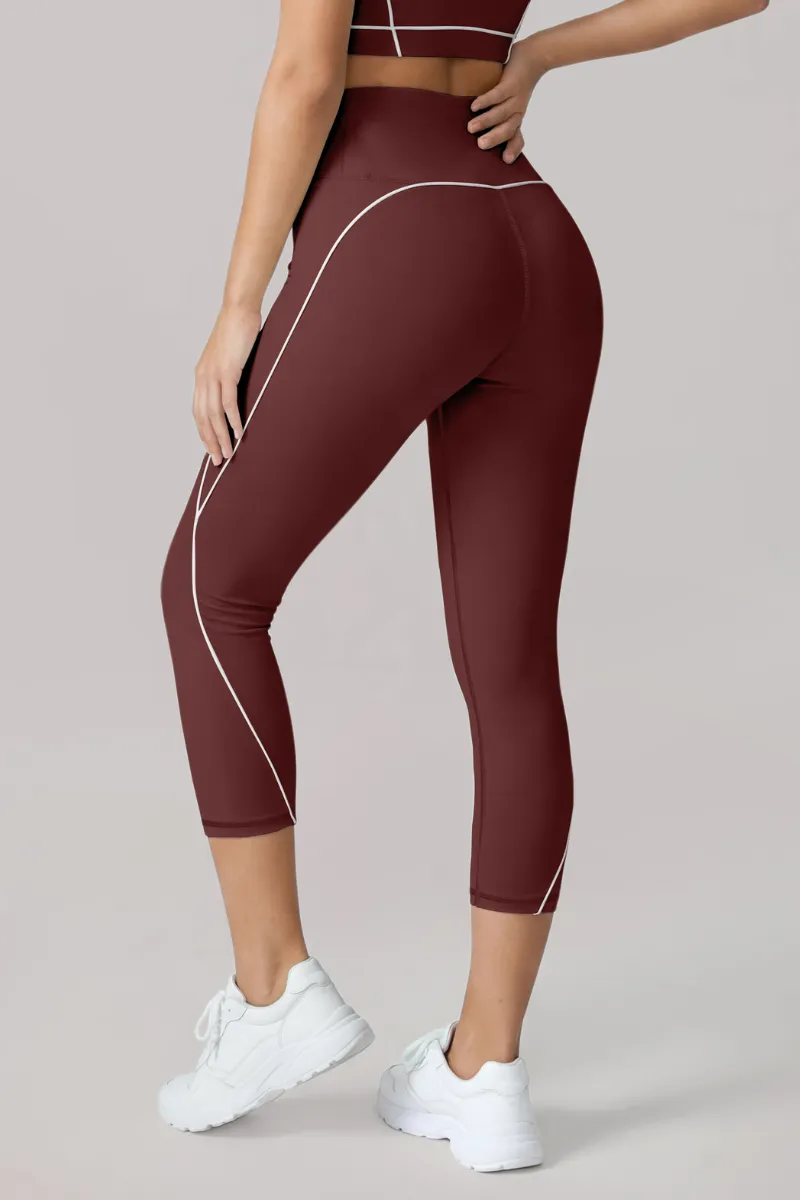 High-Waist Contrast-Seam Piped Sculpting Capri Leggings