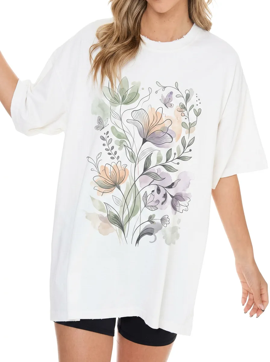 Women's Botanical Nature Lover Watercolor Floral Butterfly Printed T-shirt