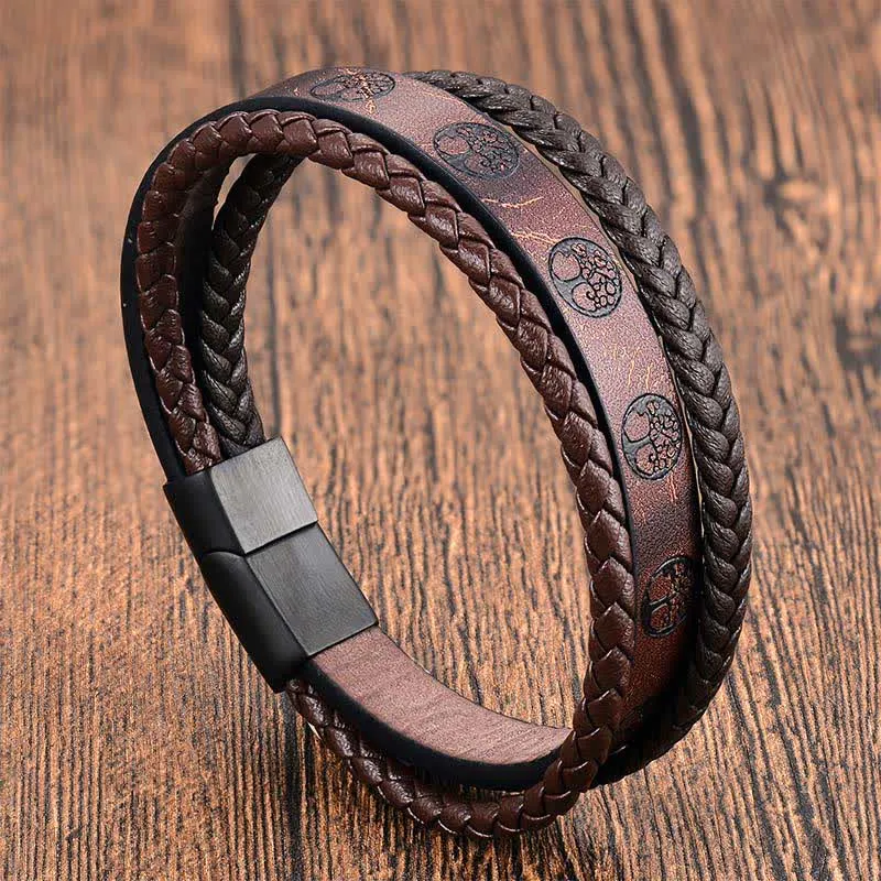 Braided Leather Titanium Steel Tree Connection Wrap Bracelet