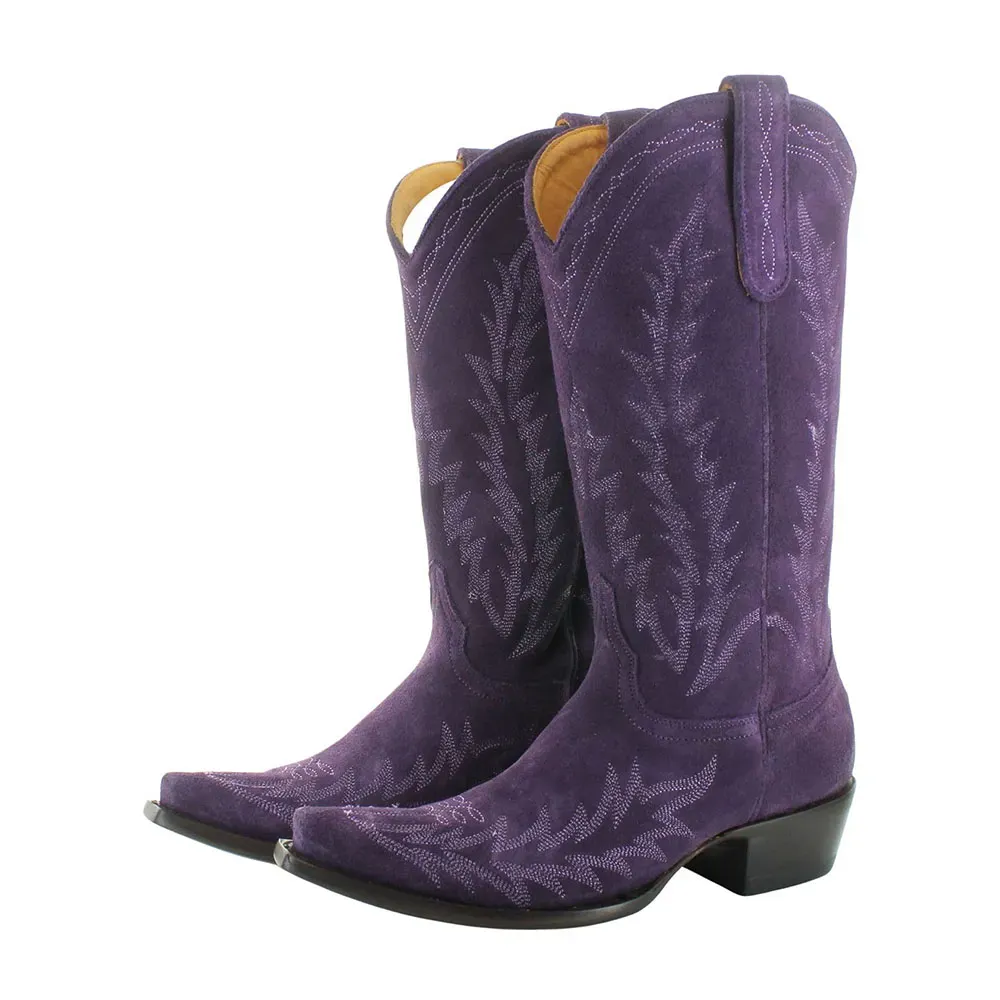 Faux-Suede Embroidered Pointed-Toe Snip-Toe Mid-Calf Boots