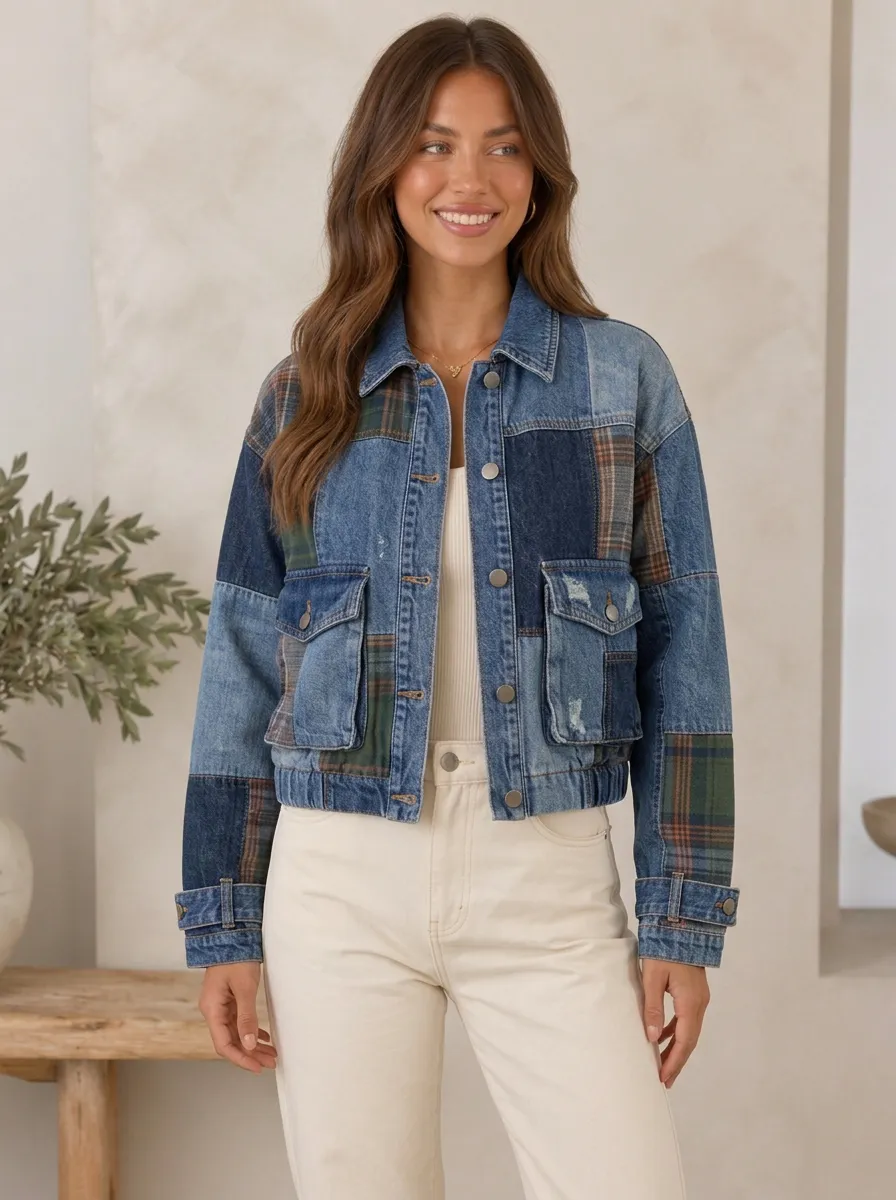 Women's Vintage Style Plaid Patchwork Denim Printed Jacket