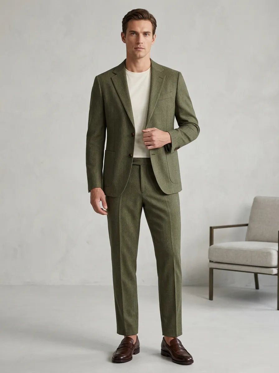 Men's Olive Green Wool Blend Tailored Suit Set