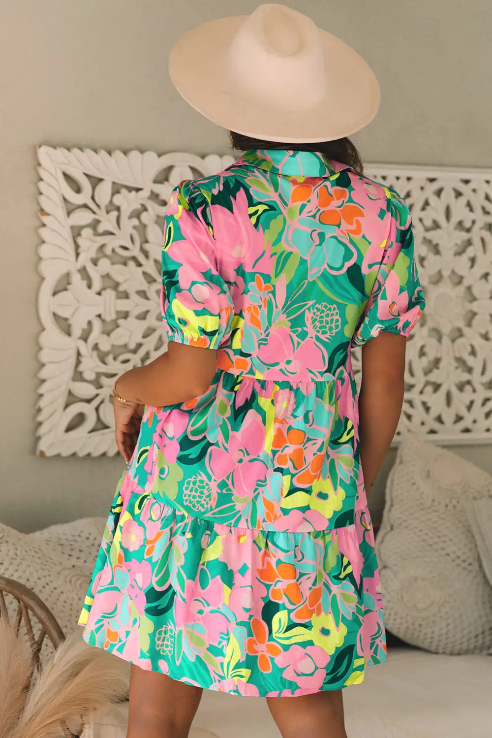 Women's Floral Print Puff Sleeve Button Detail Dress