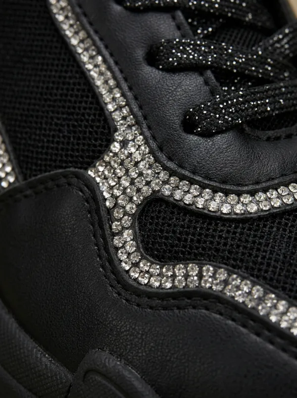Lace-Detail Mesh Lace-Up Low-Top Women's Rhinestone Platform Shoes