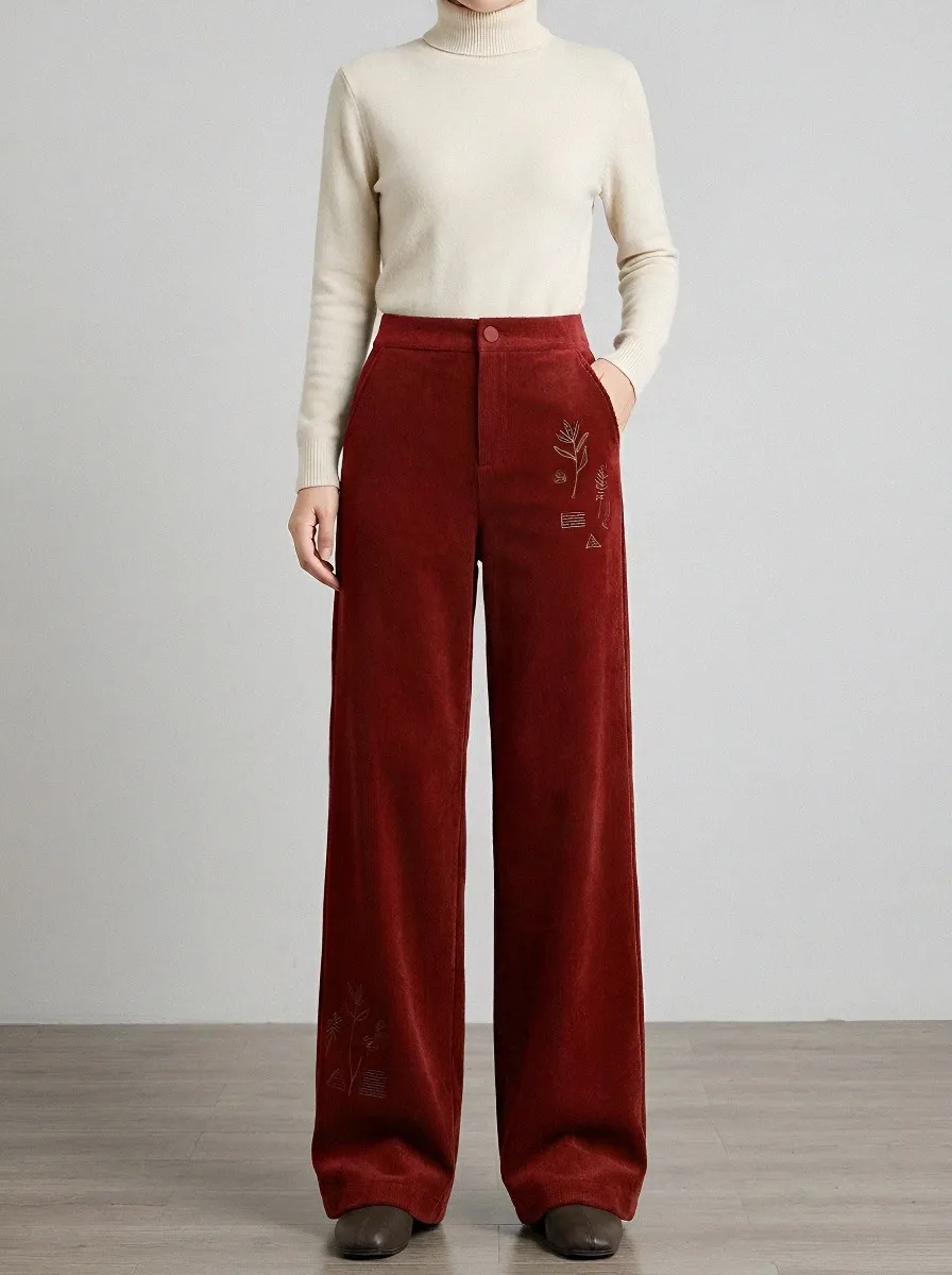 Women's Botanical Minimalist Line Art Printed Corduroy Pants