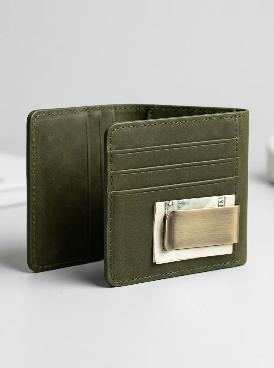 Men's Minimalist Olive Green Leather Money Clip Wallet