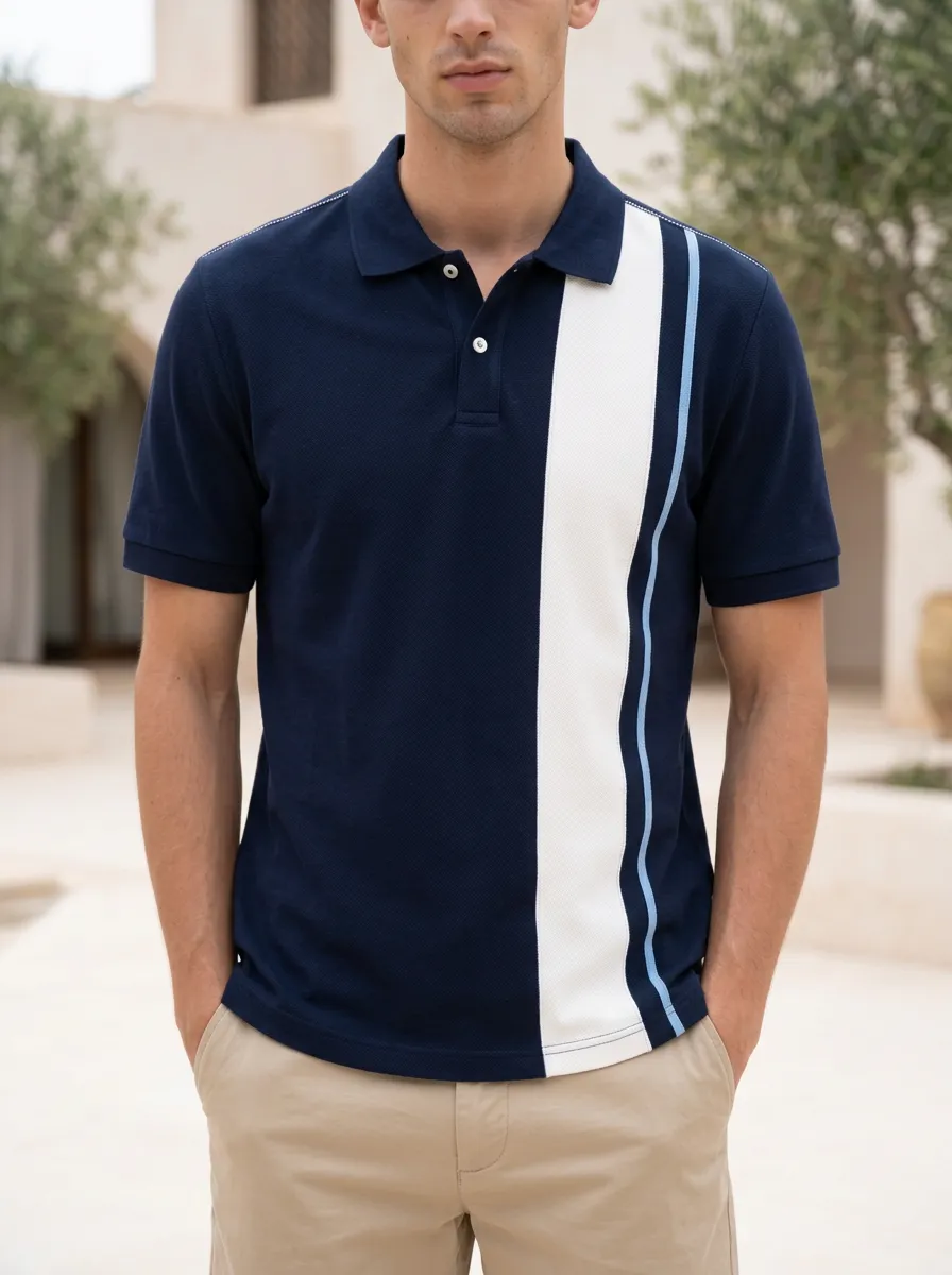 Men's Casual Navy White Vertical Stripe Polo Shirt