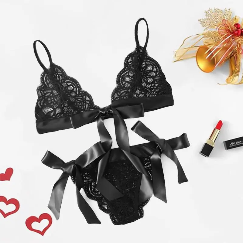 Satin Bow Floral Lace Lingerie Set