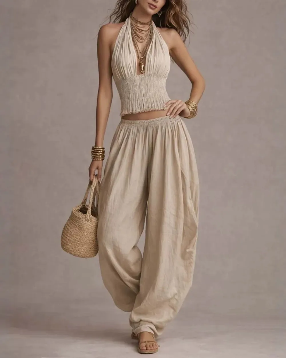 Casual Backless Craft Halter Closure Wide Leg Pants Set