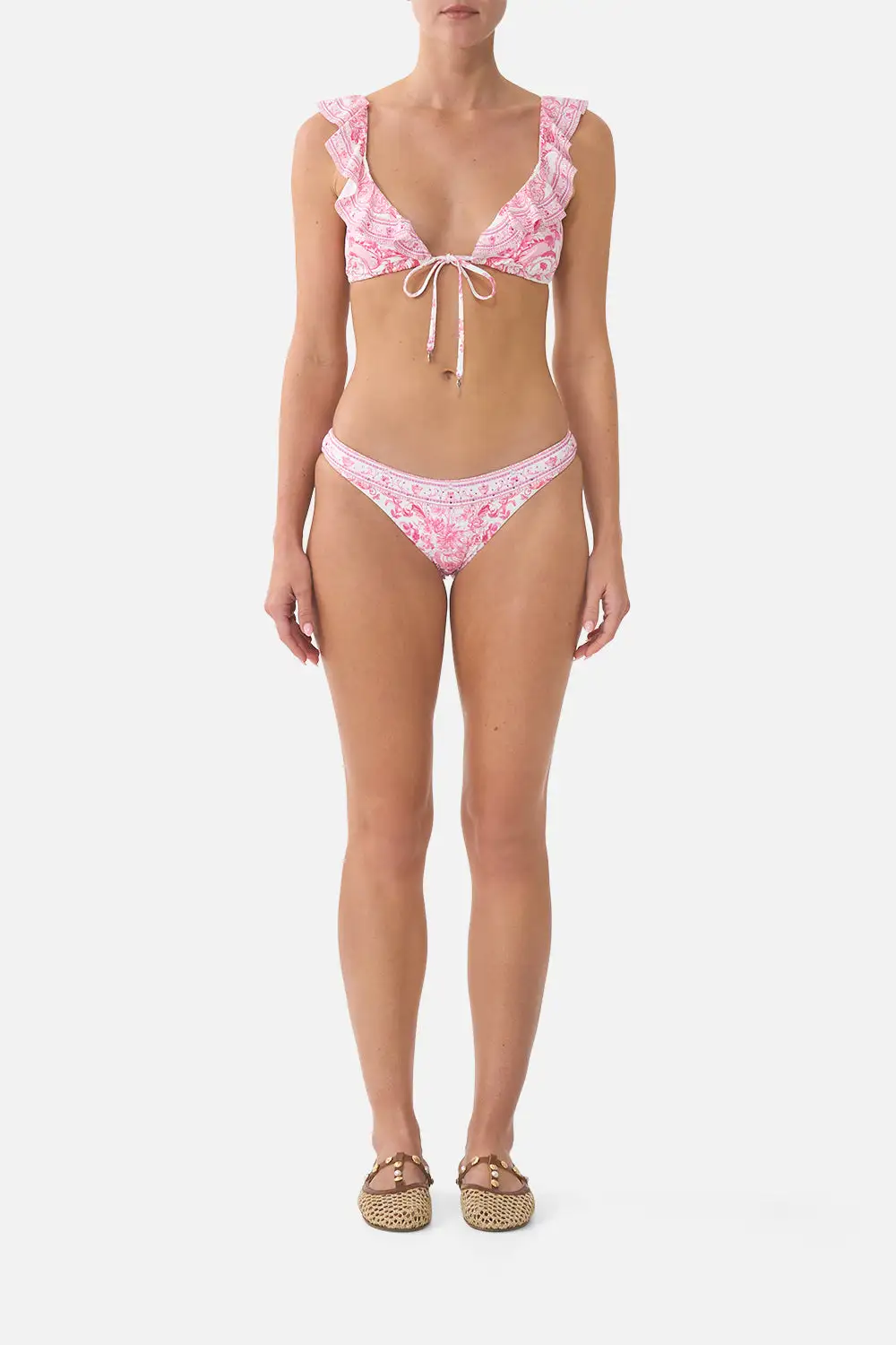 Tie Front Tri Bikini Top with Frill Neck