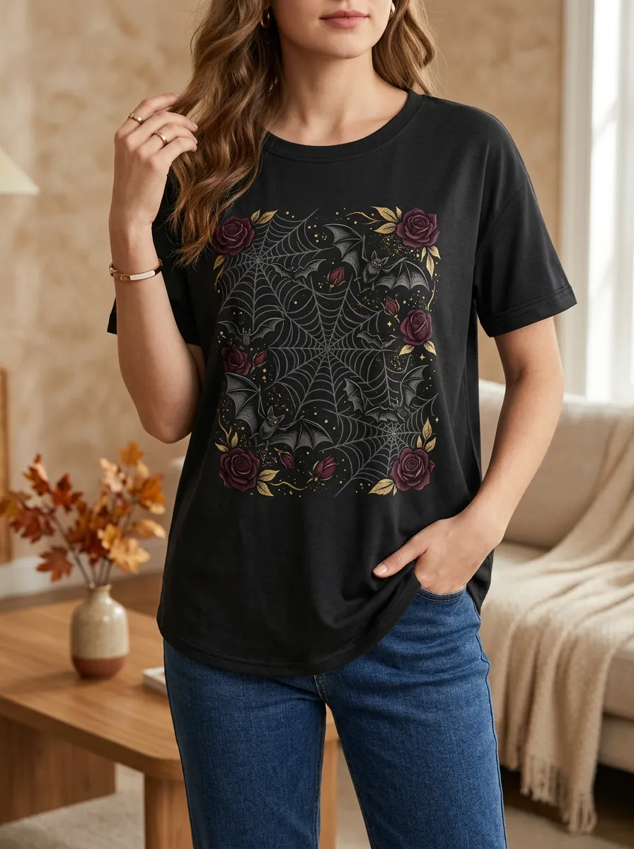 Women's Halloween Gothic Rose Bat Spiderweb Printed T-shirt