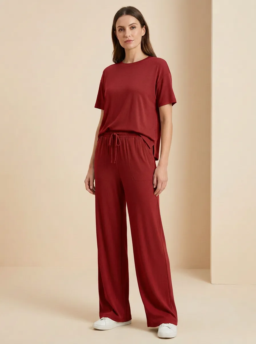Women's Side-Slit Crewneck Top And Drawstring Patch-Pocket Wide-Leg Trouser Lounge Set