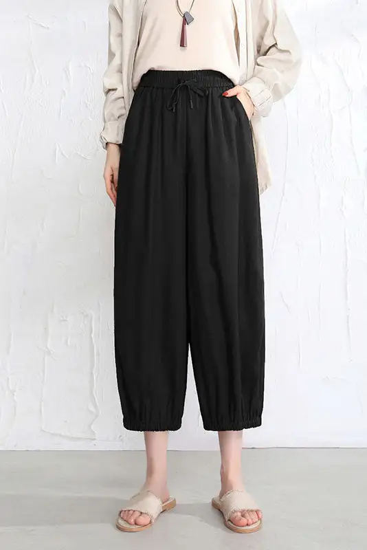 Refined Linen Wide Leg Cropped Elastic Waist Pocketed Trousers