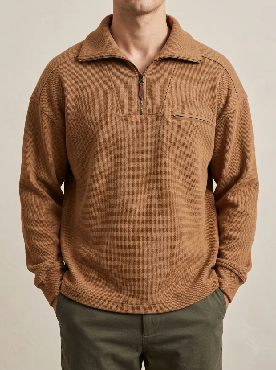 Everyday Layering Waffle Knit Texture Quarter-Zip Pullover