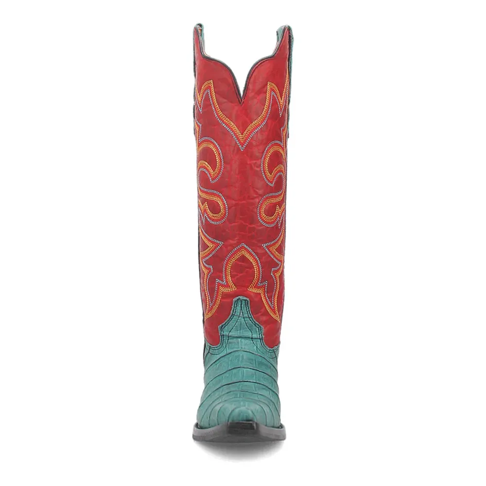 Faux-Leather Crocodile-Embossed Embroidered Snip-Toe Mid-Calf Boots