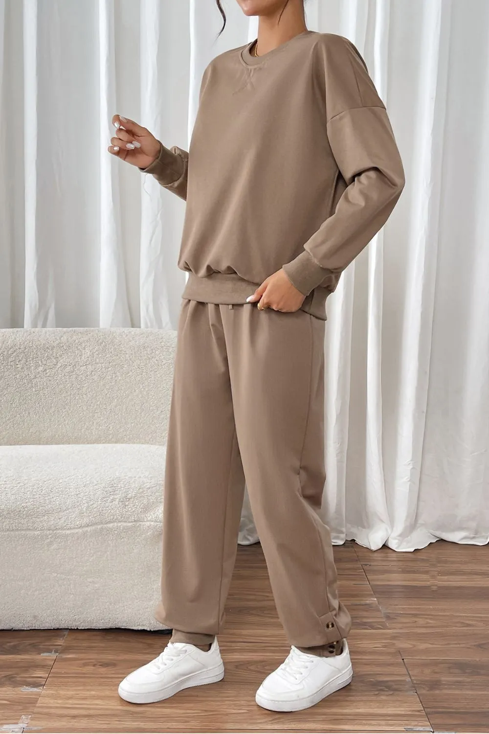 Drawstring Round Neck Long Sleeve Top And Pants Set