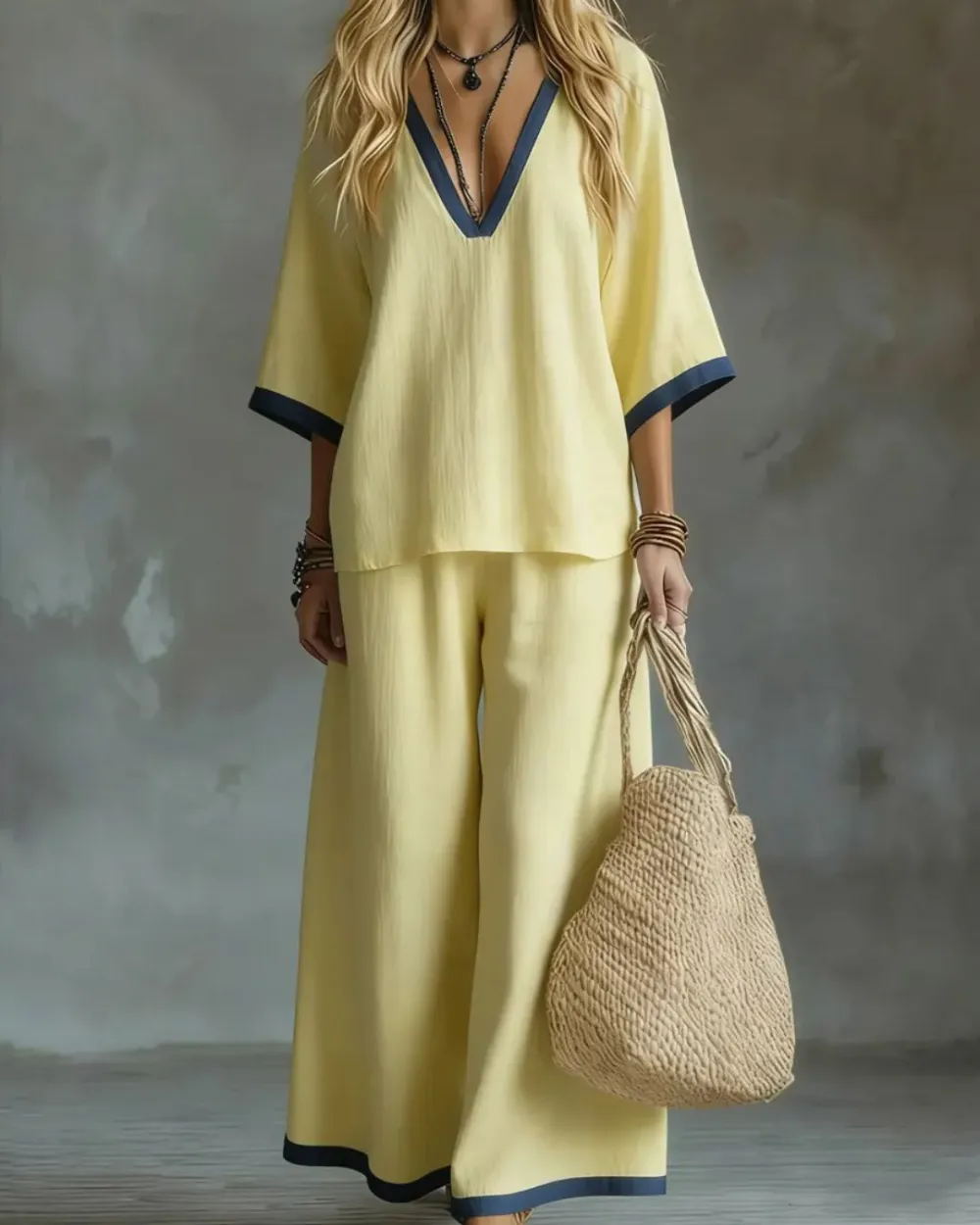Deep V-Neck Contrast-Trim Two-Piece Set