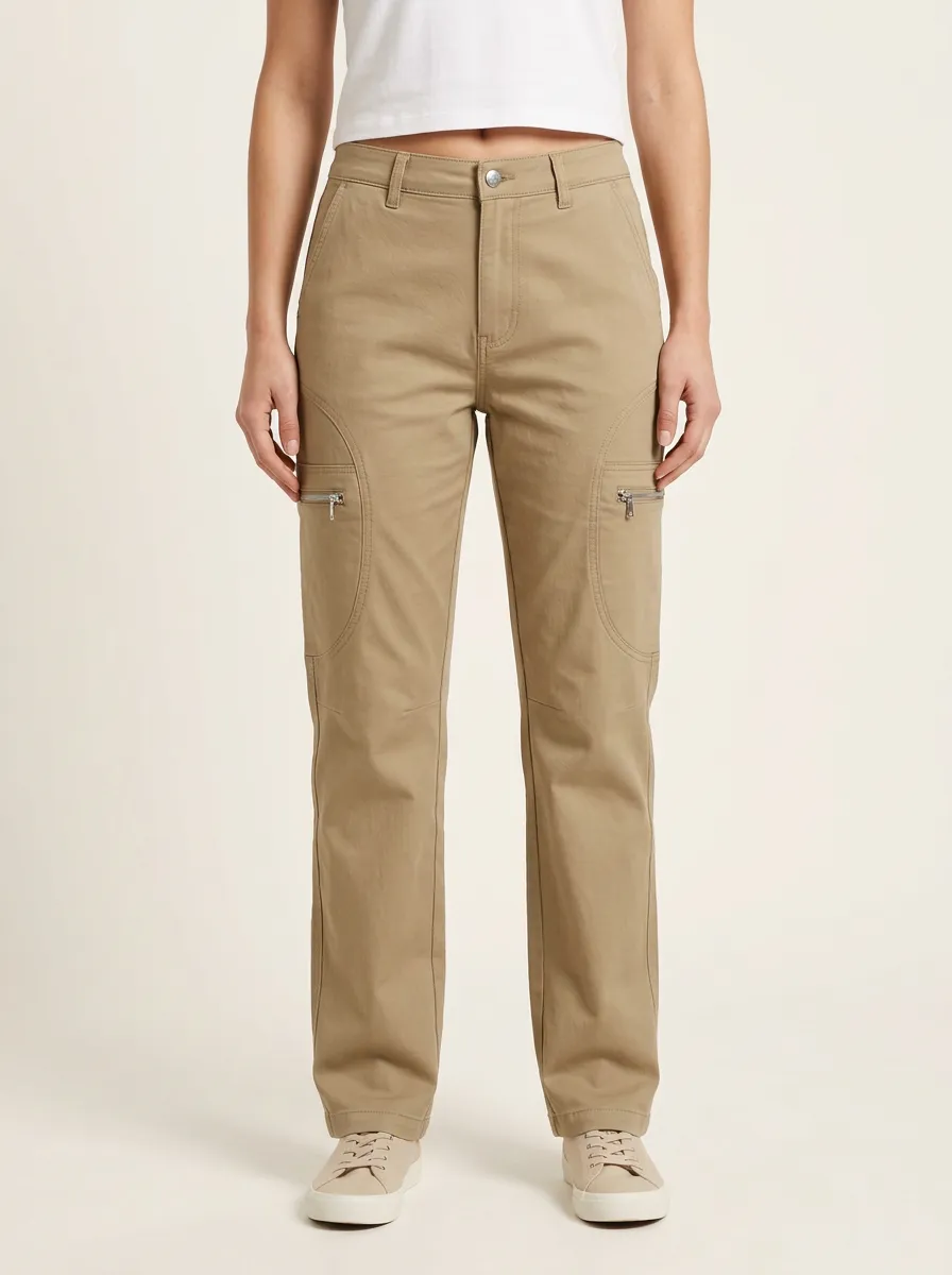 Women's Mid-Rise Horizontal Zip-Pocket Knee-Panel Straight-Leg Cargo Pants