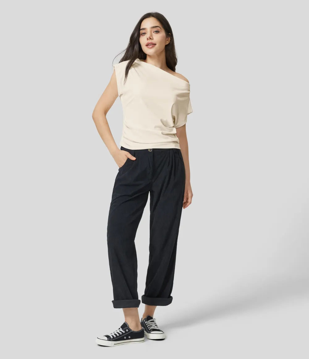 Off Shoulder Short Sleeve Ruched Casual Cotton Top