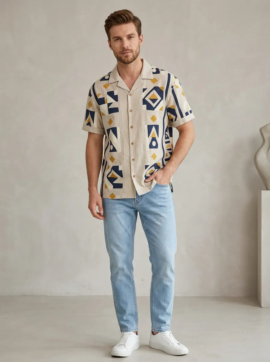 Men's Short Sleeve Geometric Printed Shirt