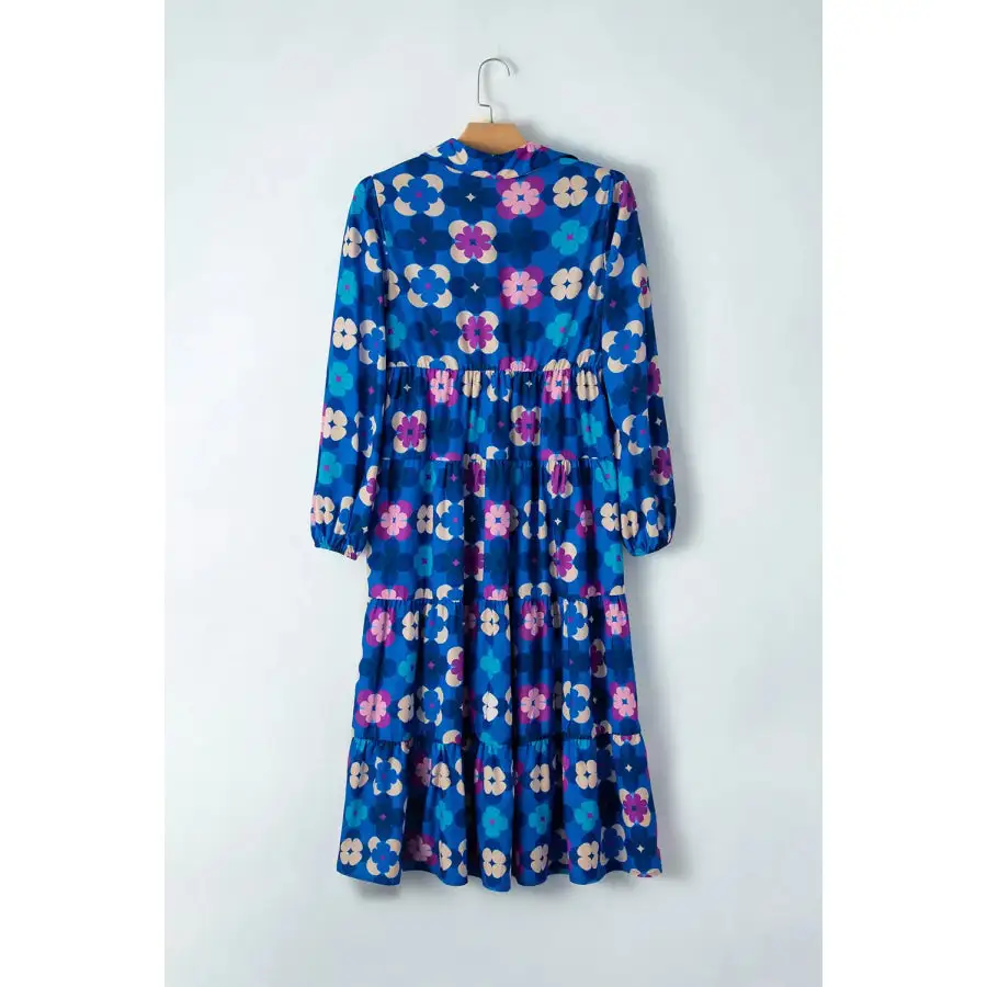 Printed Collared Neck Long Sleeve Midi Dress