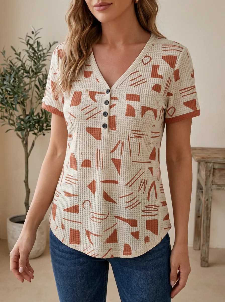 Women's Abstract Geometric Print Waffle Knit Button Henley Top