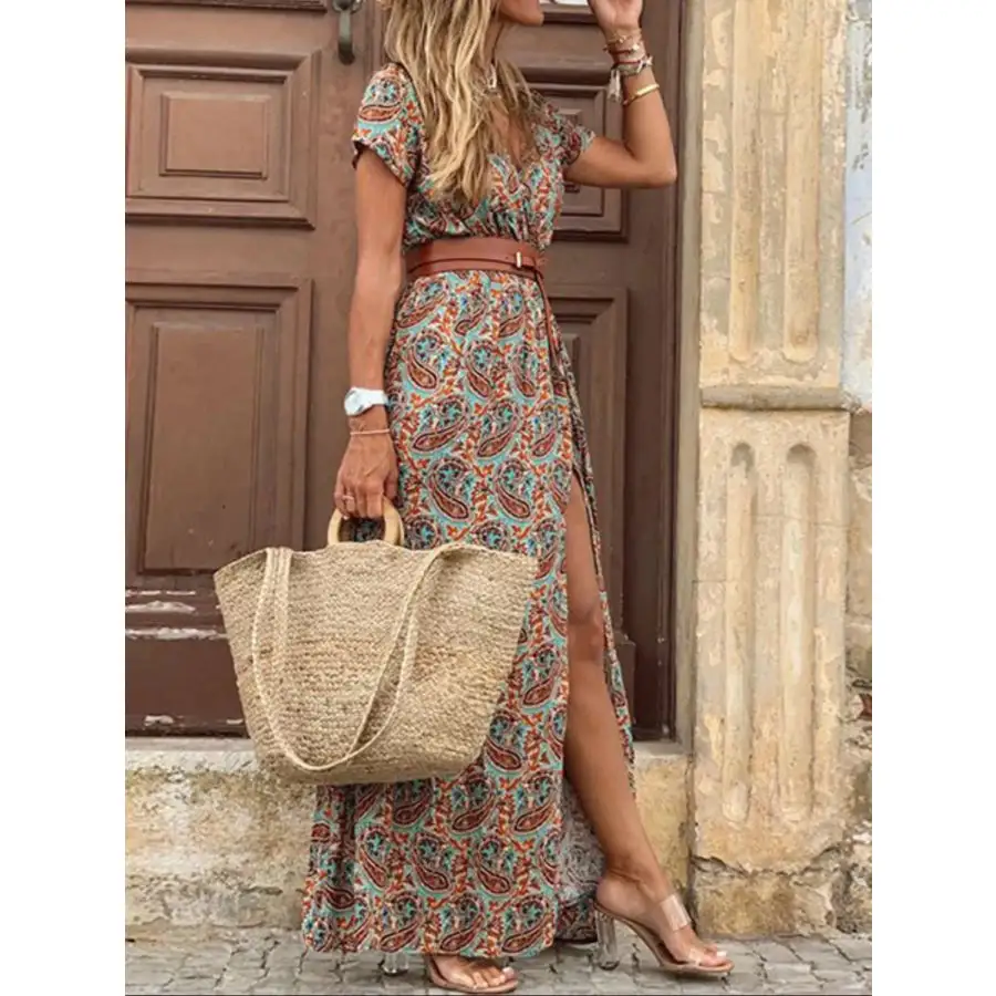 Full Size Printed V Neck Short Sleeve Maxi Dress Plus Size