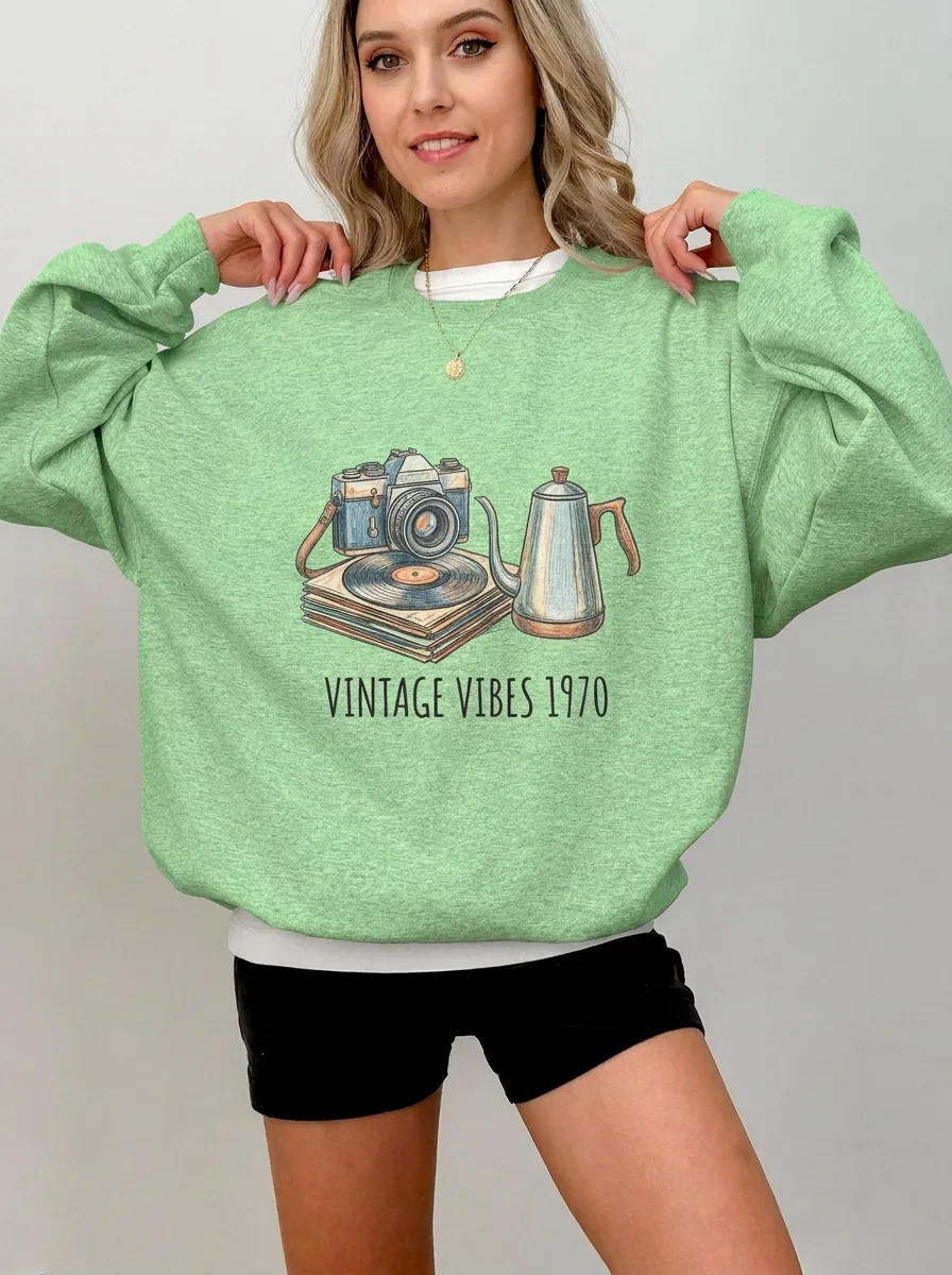Women's Retro Camera Vinyl Record Printed Sweatshirt
