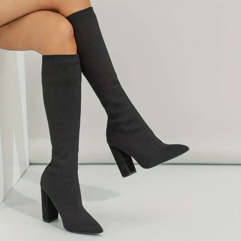 Knit Knee High Sock Boots High Heeled Stretch Boots  Outfits