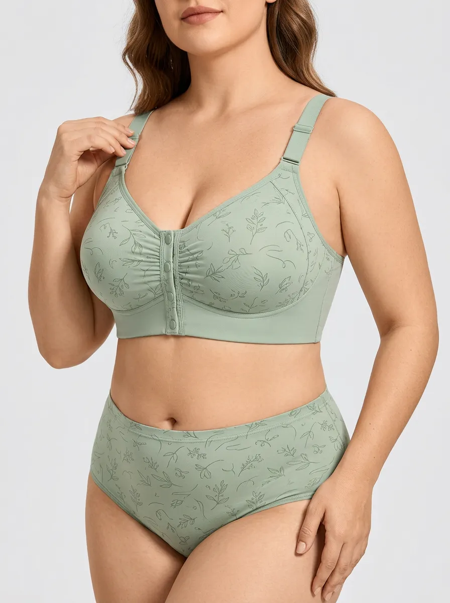 Women's Plus Size Sage Green Front-Closure Wireless Bra & Brief Set