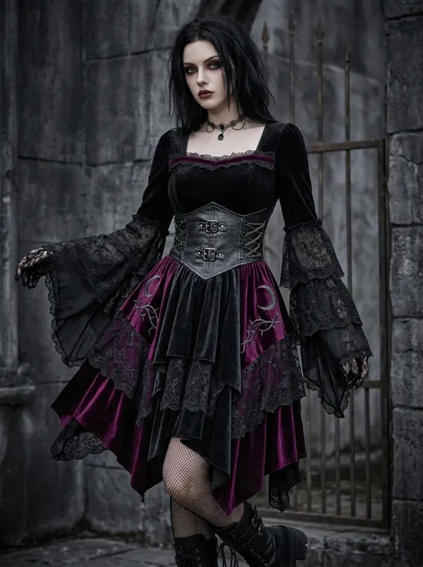 Women's Gothic Moon Thorn Embroidered Velvet Printed Mini Dress
