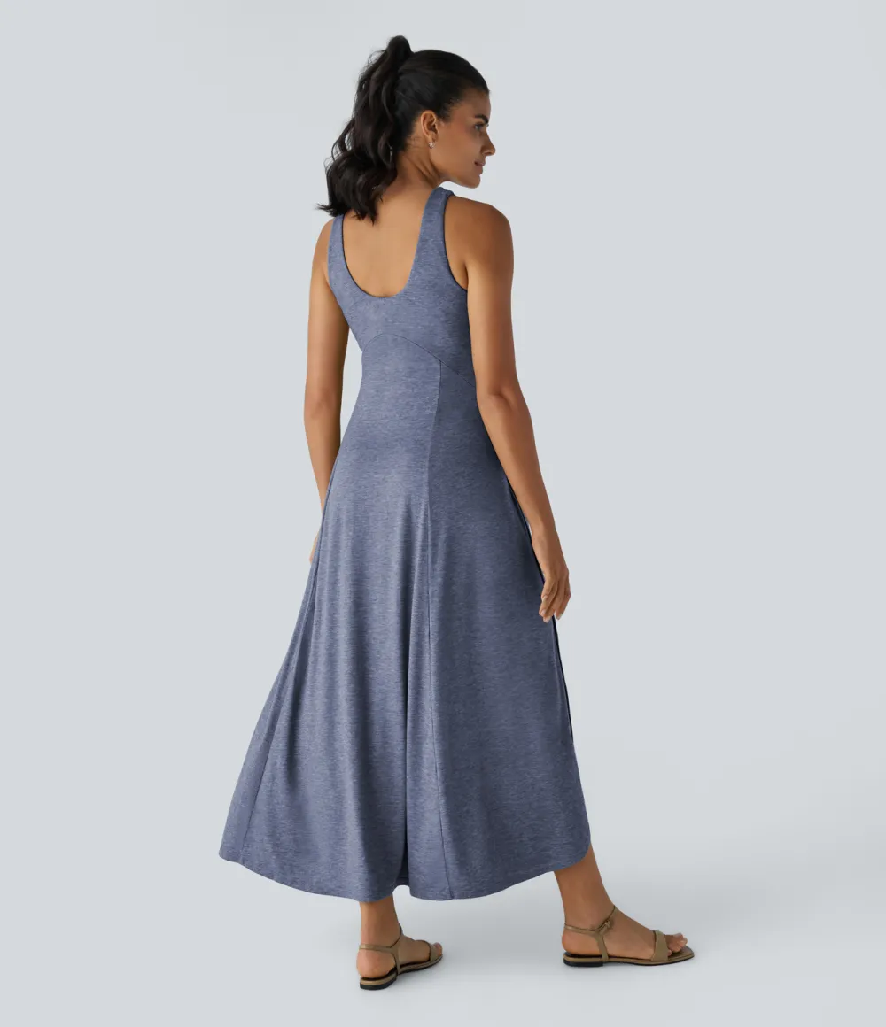 U Neck Backless Split Flowy Maxi Casual Tank Dress