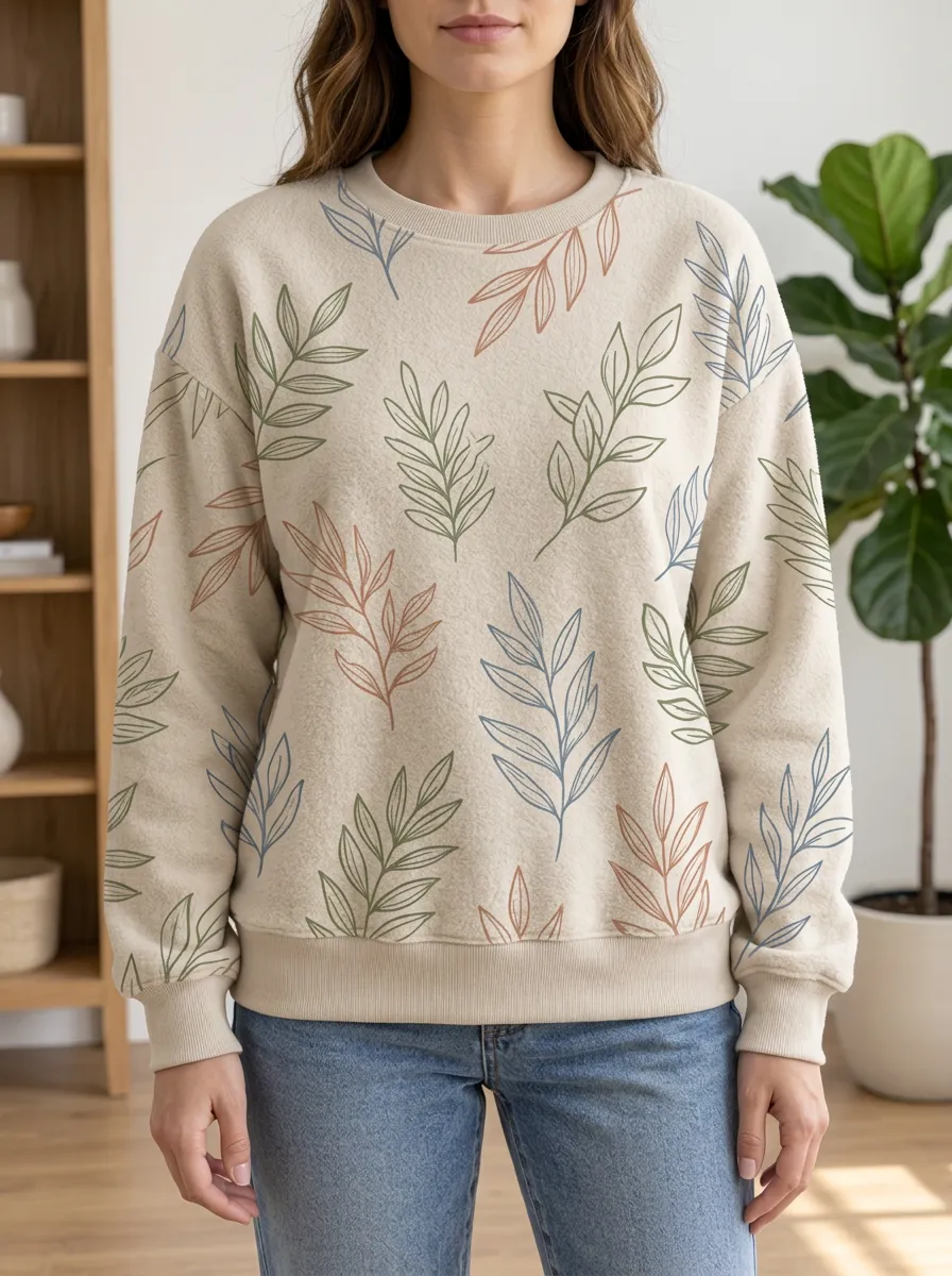 Women's Leaf Print Crewneck Sweatshirt Botanical Leaf Print