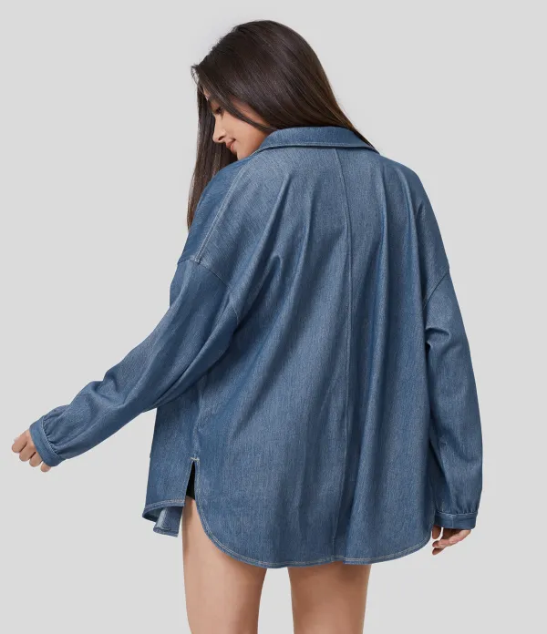 Magic Collared Multiple Pockets Button Front Split Curved Hem Stretchy Knit Denim Work Oversize Jacket