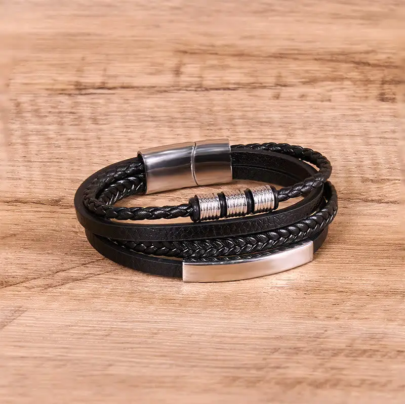 Titanium Steel Leather Hand Woven Magnetic Buckle Bracelet