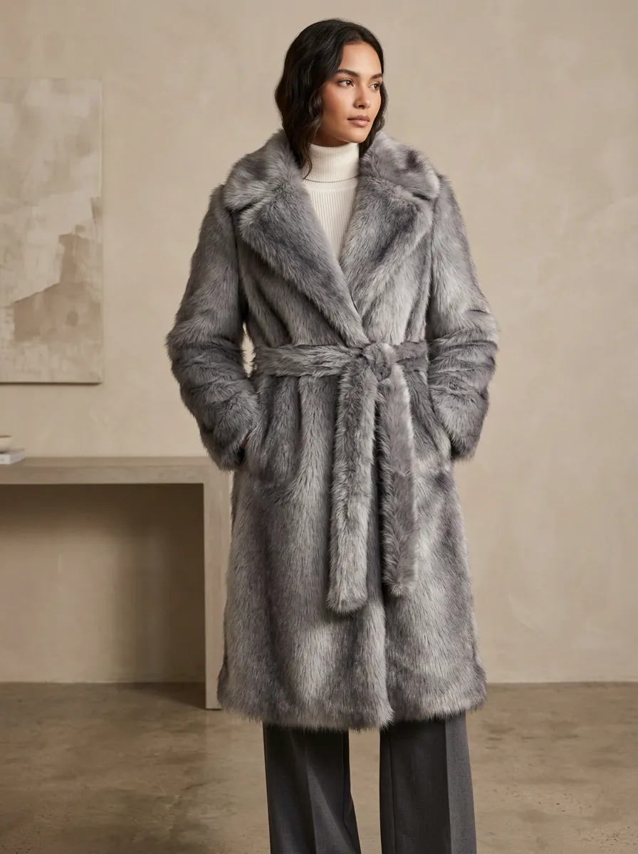 Solid Faux Fur Belted Coat