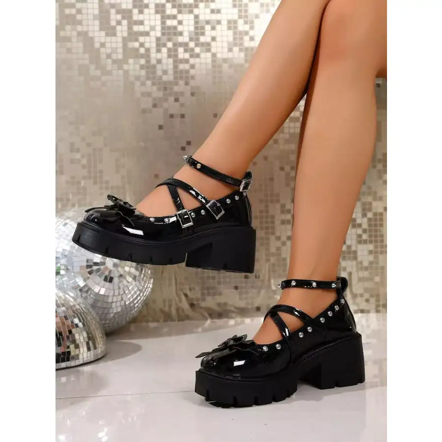 Bow Round Toe Block Heels Pumps