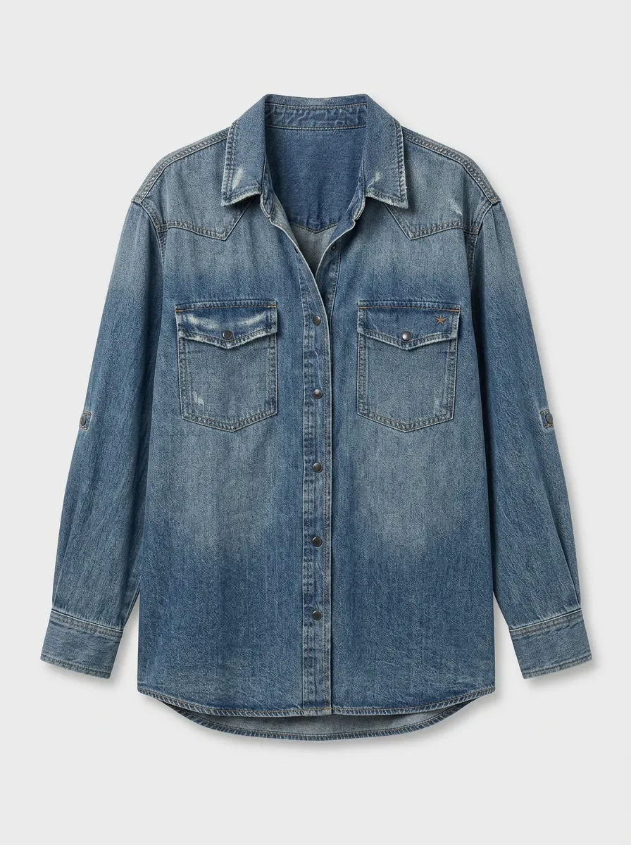 Women's Casual Distressed Denim Western Button-down Shirt