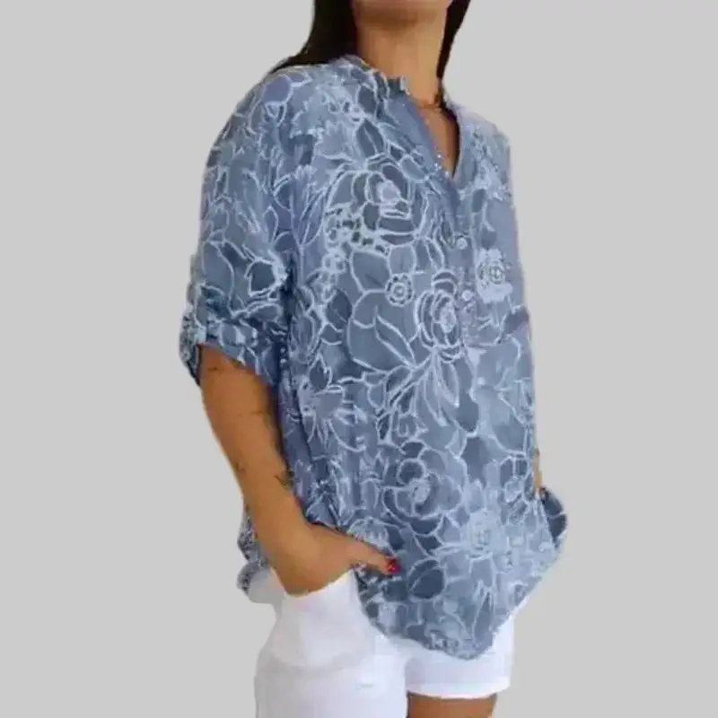 Floral Printed Denim Blouse