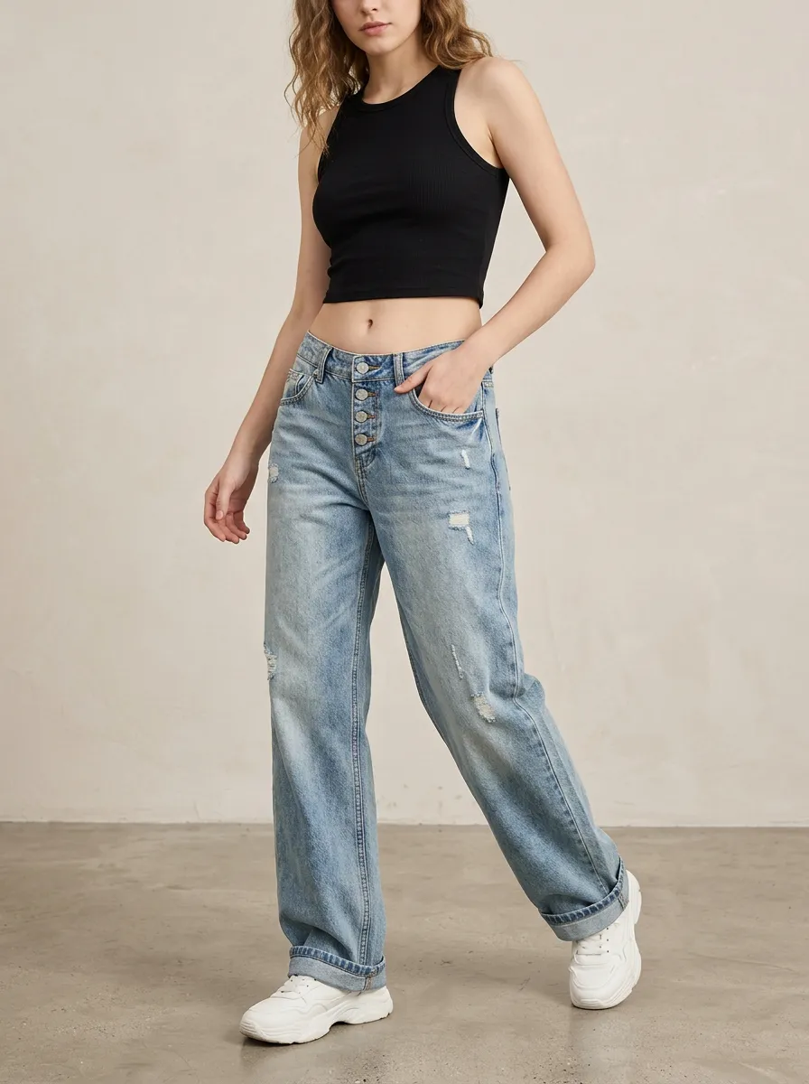 Women's Casual Fashion Distressed Button Fly Wide Leg Jeans