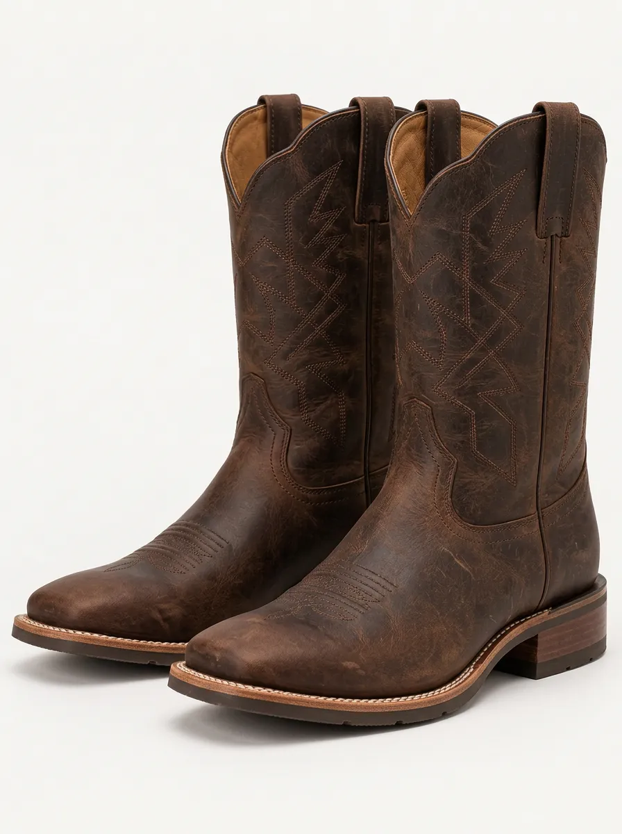 Men's Brown Leather Cowboy Boots with Decorative Stitching